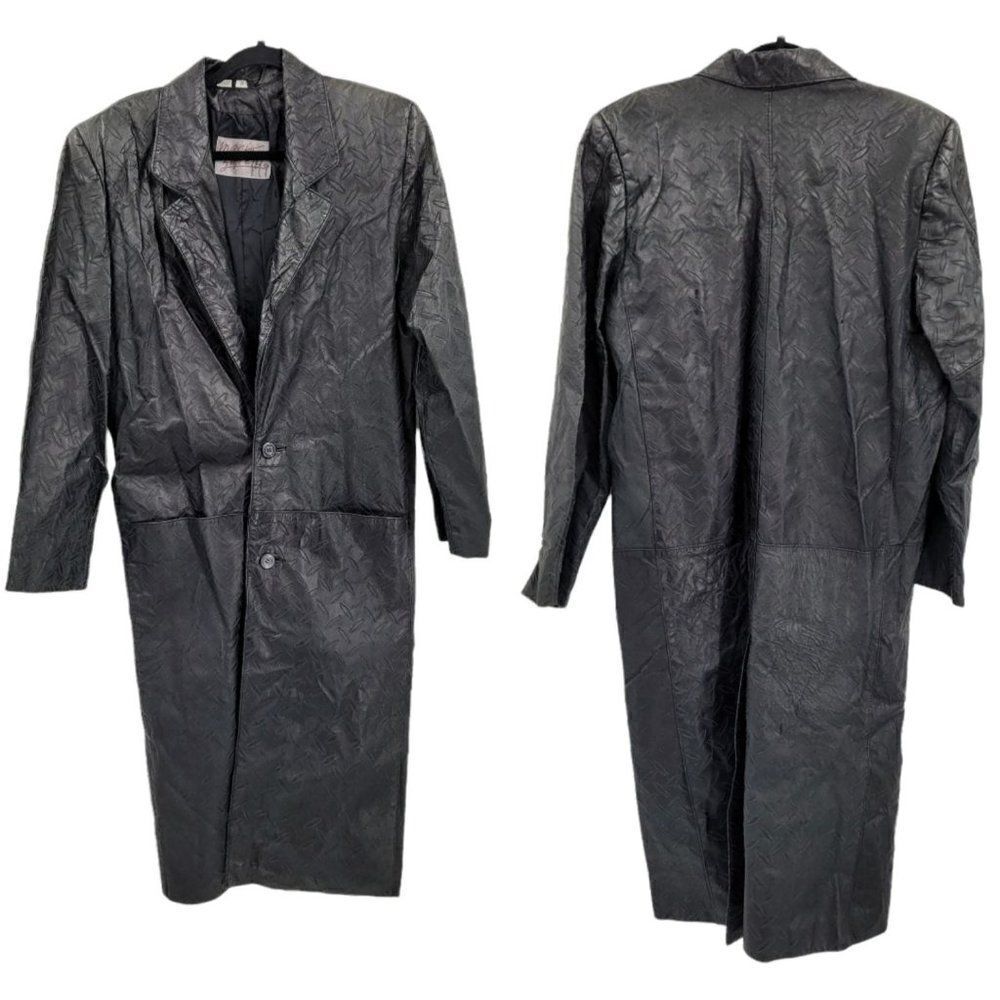Vtg 80's Leather Trench Coat Rare Rocker Punk Tire Track Embossed Black Sz S
